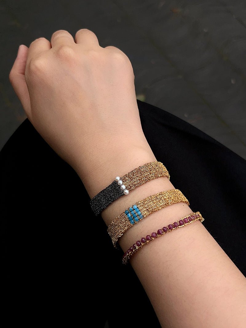 Handmade Mesh Chain Bracelet with Natural Pearl & Blue Natural Stone - floysun