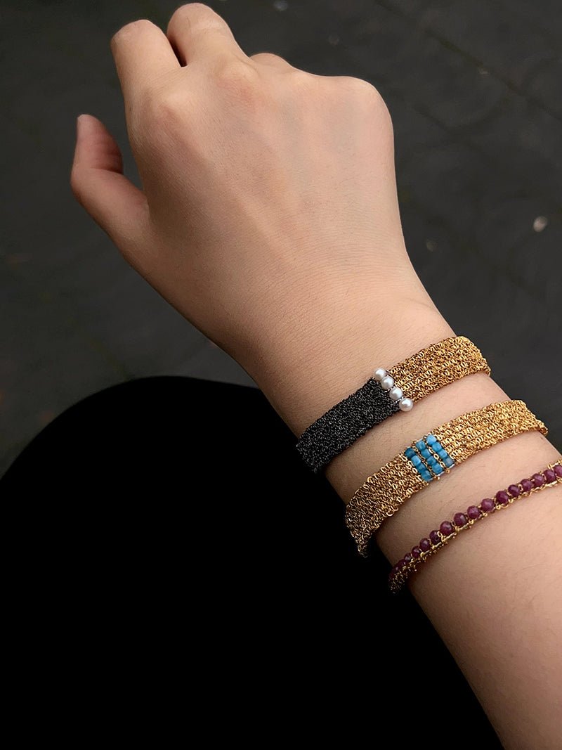 Handmade Mesh Chain Bracelet with Natural Pearl & Blue Natural Stone - floysun