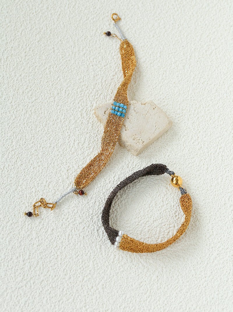 Handmade Mesh Chain Bracelet with Natural Pearl & Blue Natural Stone - floysun