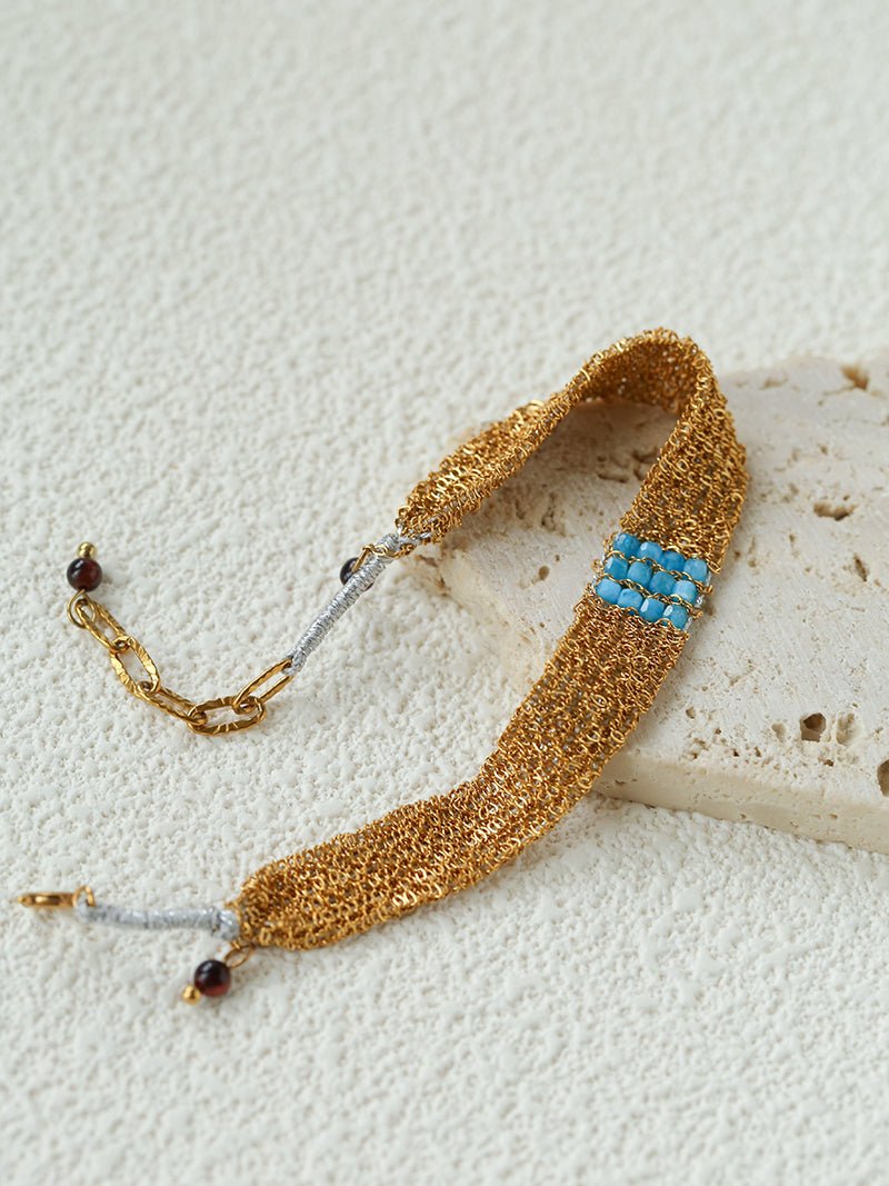 Handmade Mesh Chain Bracelet with Natural Pearl & Blue Natural Stone - floysun