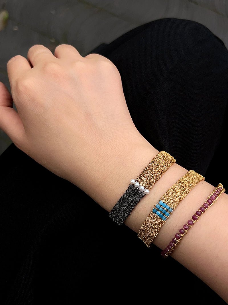 Handmade Mesh Chain Bracelet with Natural Pearl & Blue Natural Stone - floysun