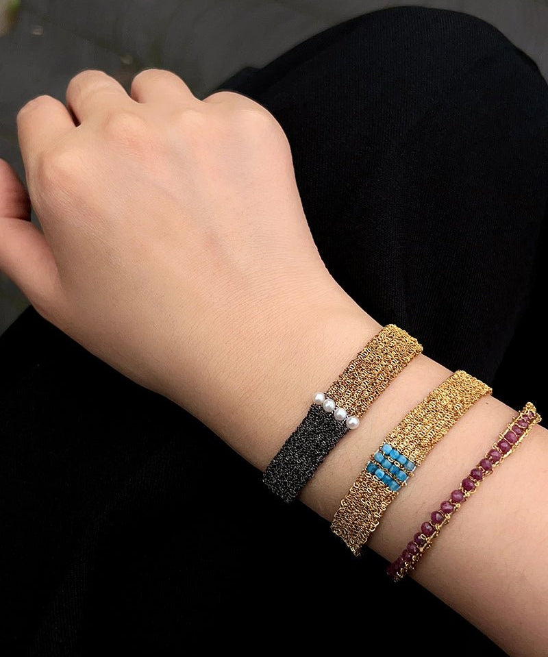 Handmade Mesh Chain Bracelet with Natural Pearl & Blue Natural Stone - floysun