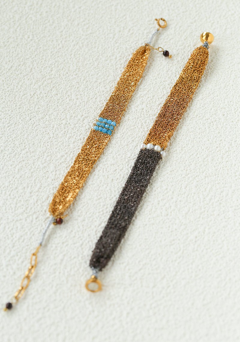 Handmade Mesh Chain Bracelet with Natural Pearl & Blue Natural Stone - floysun