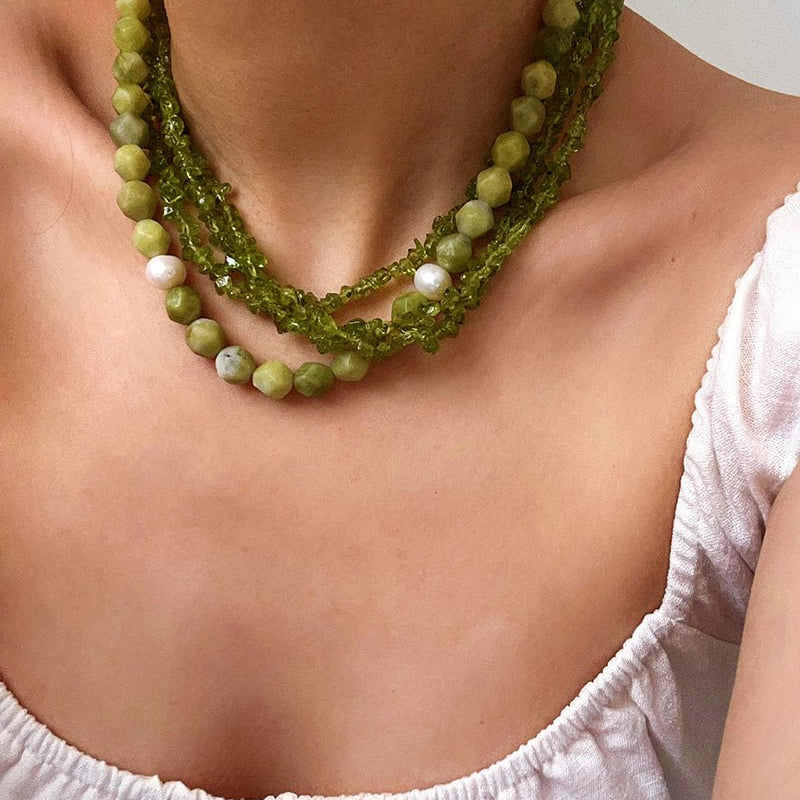 Handmade Multi - Strand Peridot & Baroque Pearl Statement Necklace - floysun