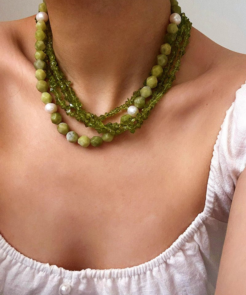 Handmade Multi - Strand Peridot & Baroque Pearl Statement Necklace - floysun