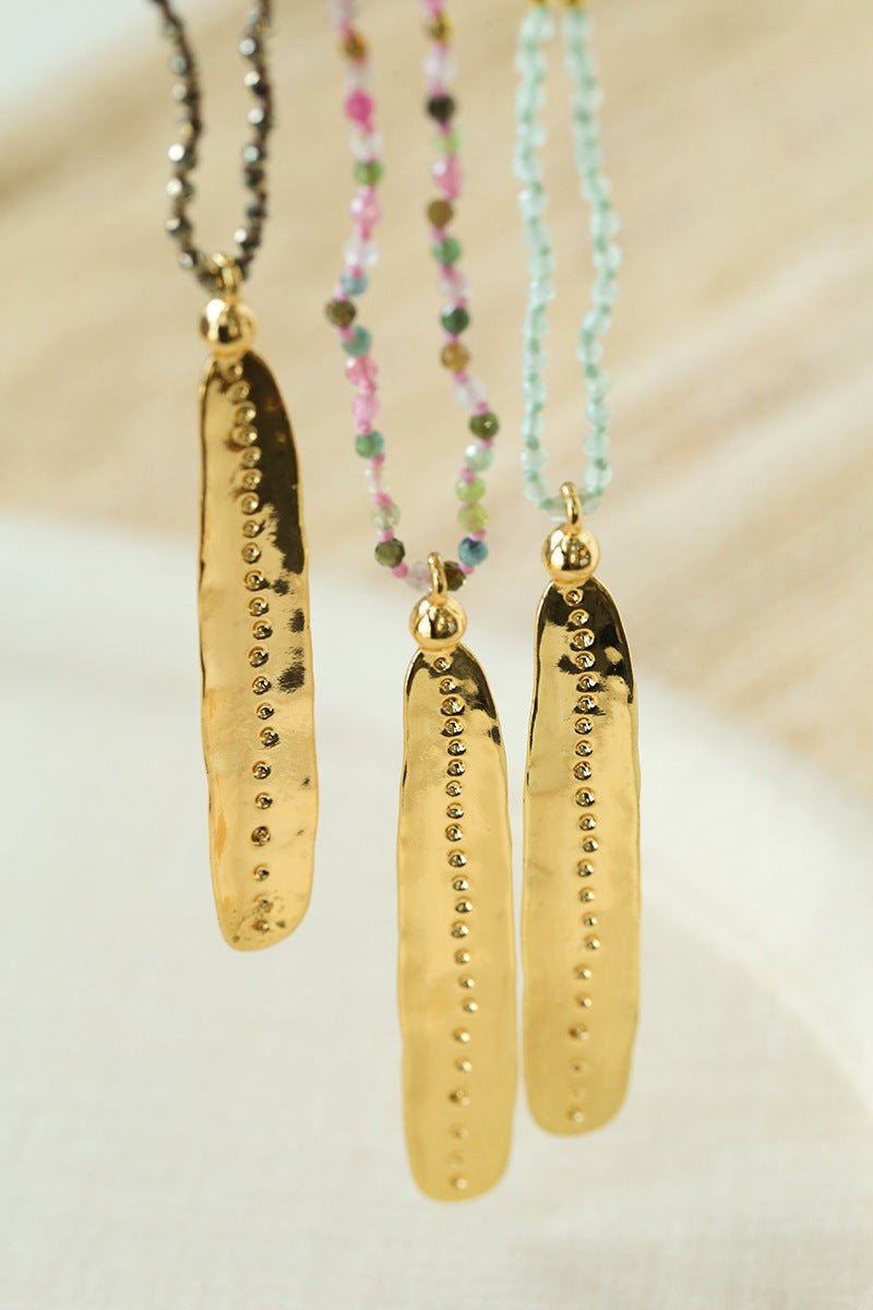 Hand‑Strung Micro‑Bead Hammered Bar Pendant Long Necklace - floysun