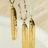 Hand‑Strung Micro‑Bead Hammered Bar Pendant Long Necklace - floysun