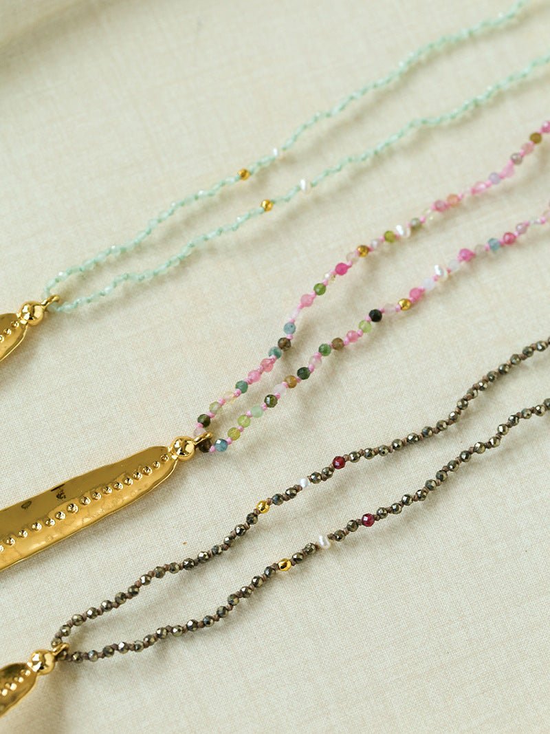 Hand‑Strung Micro‑Bead Hammered Bar Pendant Long Necklace - floysun