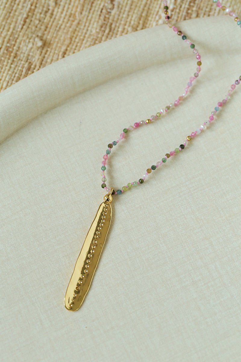 Hand‑Strung Micro‑Bead Hammered Bar Pendant Long Necklace - floysun