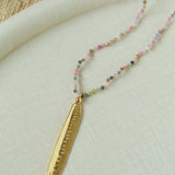 Hand‑Strung Micro‑Bead Hammered Bar Pendant Long Necklace - floysun
