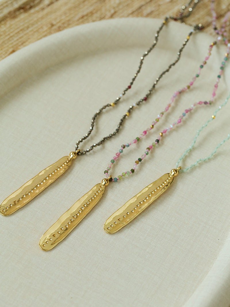 Hand‑Strung Micro‑Bead Hammered Bar Pendant Long Necklace - floysun