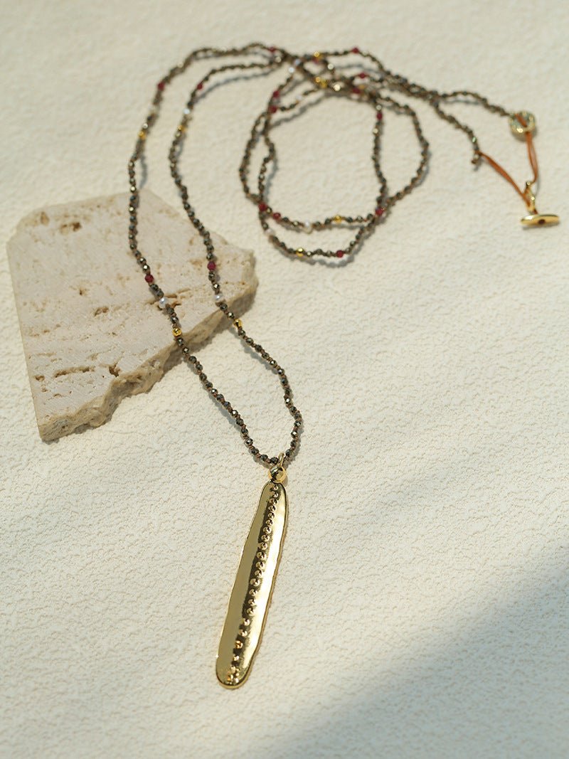 Hand‑Strung Micro‑Bead Hammered Bar Pendant Long Necklace - floysun