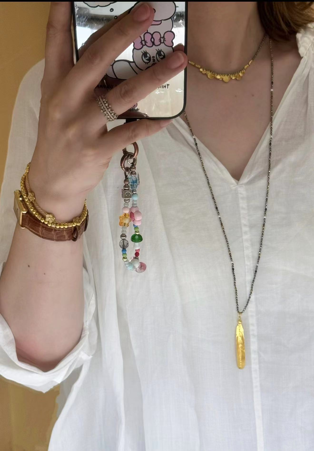 Hand‑Strung Micro‑Bead Hammered Bar Pendant Long Necklace - floysun