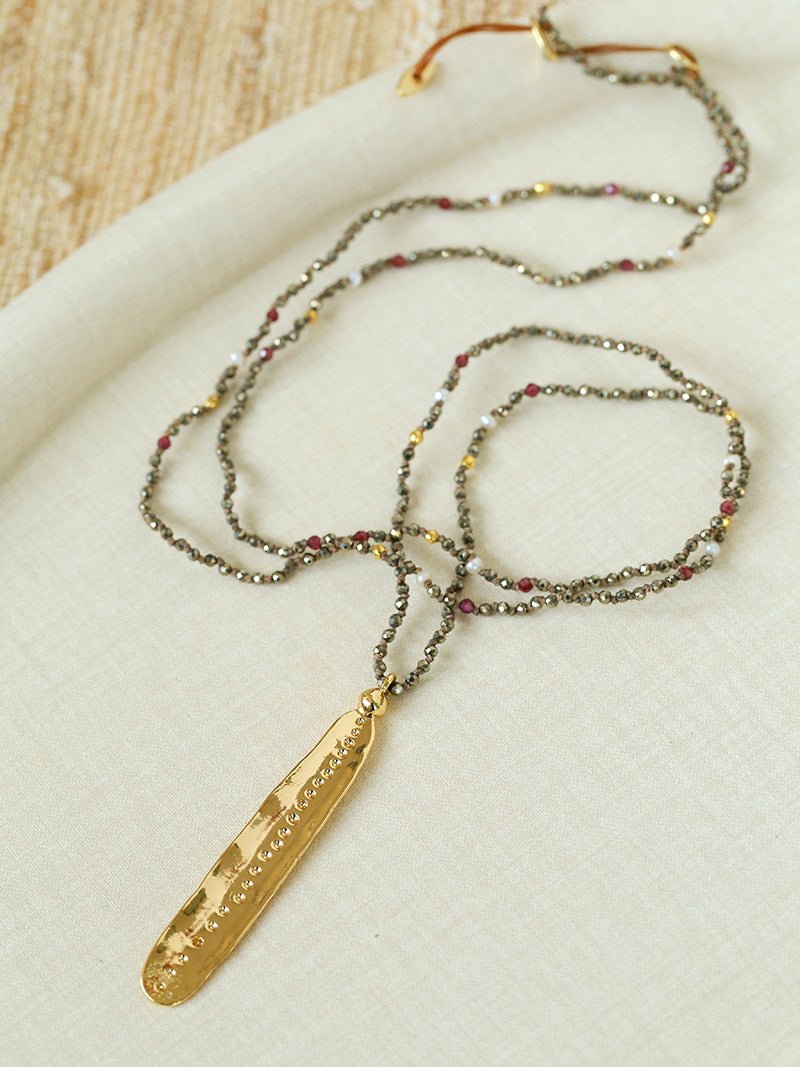 Hand‑Strung Micro‑Bead Hammered Bar Pendant Long Necklace - floysun