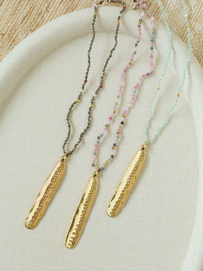 Hand‑Strung Micro‑Bead Hammered Bar Pendant Long Necklace - floysun