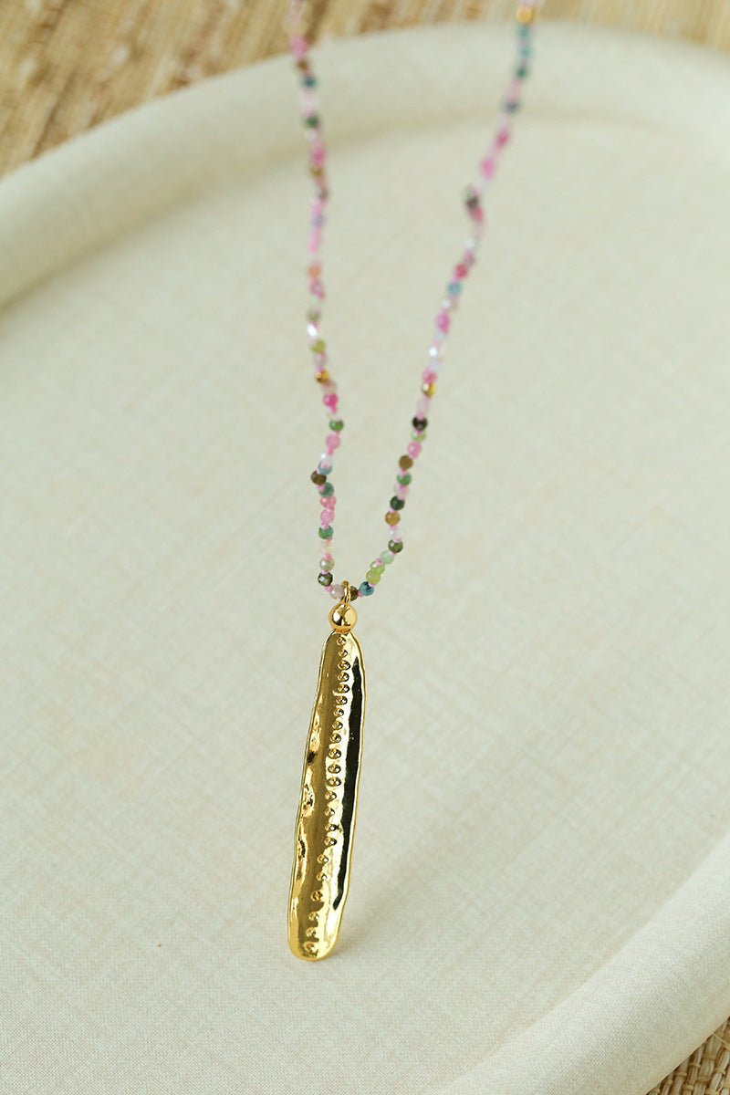 Hand‑Strung Micro‑Bead Hammered Bar Pendant Long Necklace - floysun
