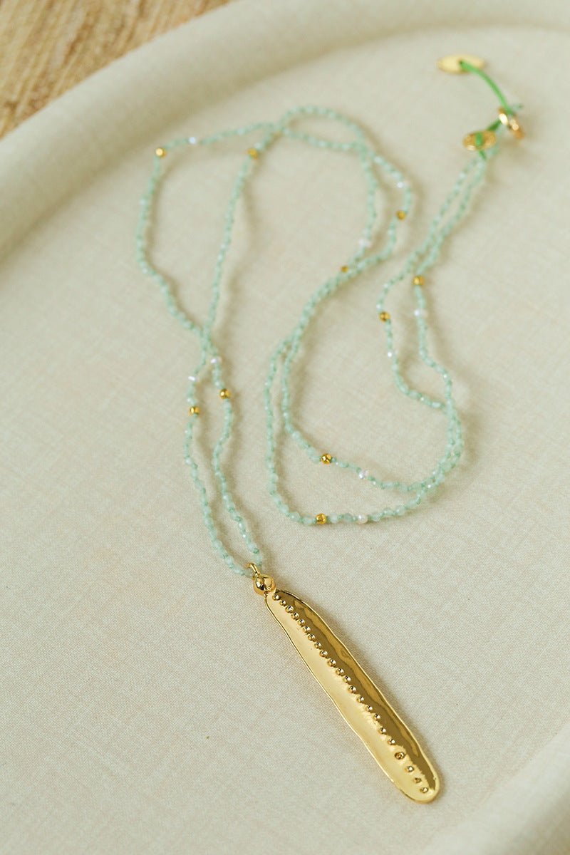 Hand‑Strung Micro‑Bead Hammered Bar Pendant Long Necklace - floysun