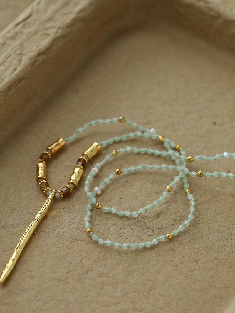 Hand‑Strung Micro‑Bead Hammered Slender Bar Pendant Necklace - floysun