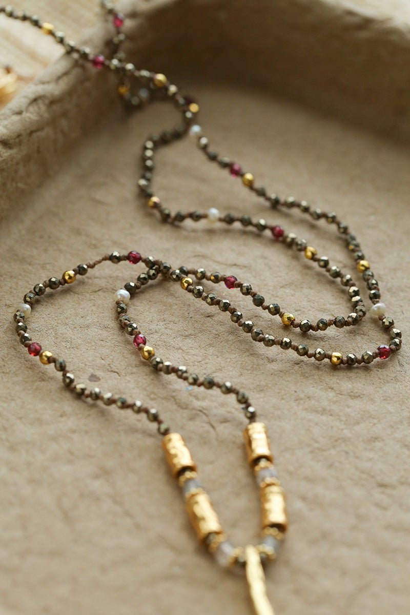 Hand‑Strung Micro‑Bead Hammered Slender Bar Pendant Necklace - floysun