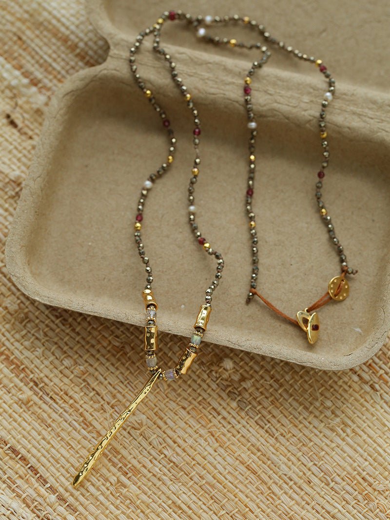Hand‑Strung Micro‑Bead Hammered Slender Bar Pendant Necklace - floysun
