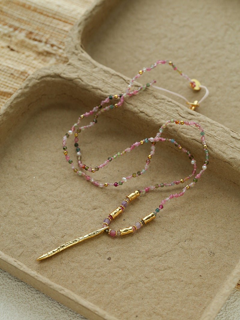 Hand‑Strung Micro‑Bead Hammered Slender Bar Pendant Necklace - floysun