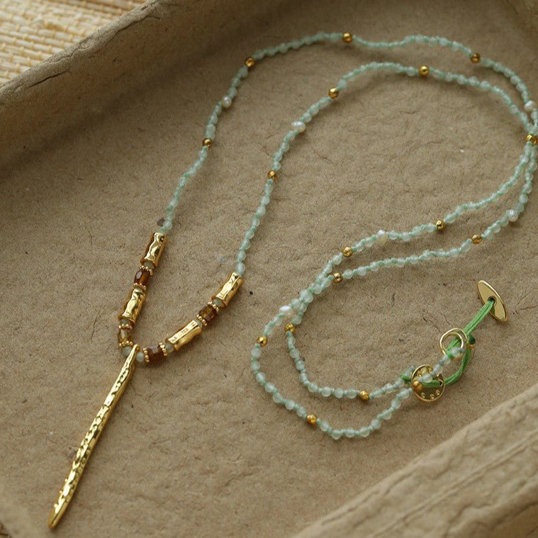 Hand‑Strung Micro‑Bead Hammered Slender Bar Pendant Necklace - floysun