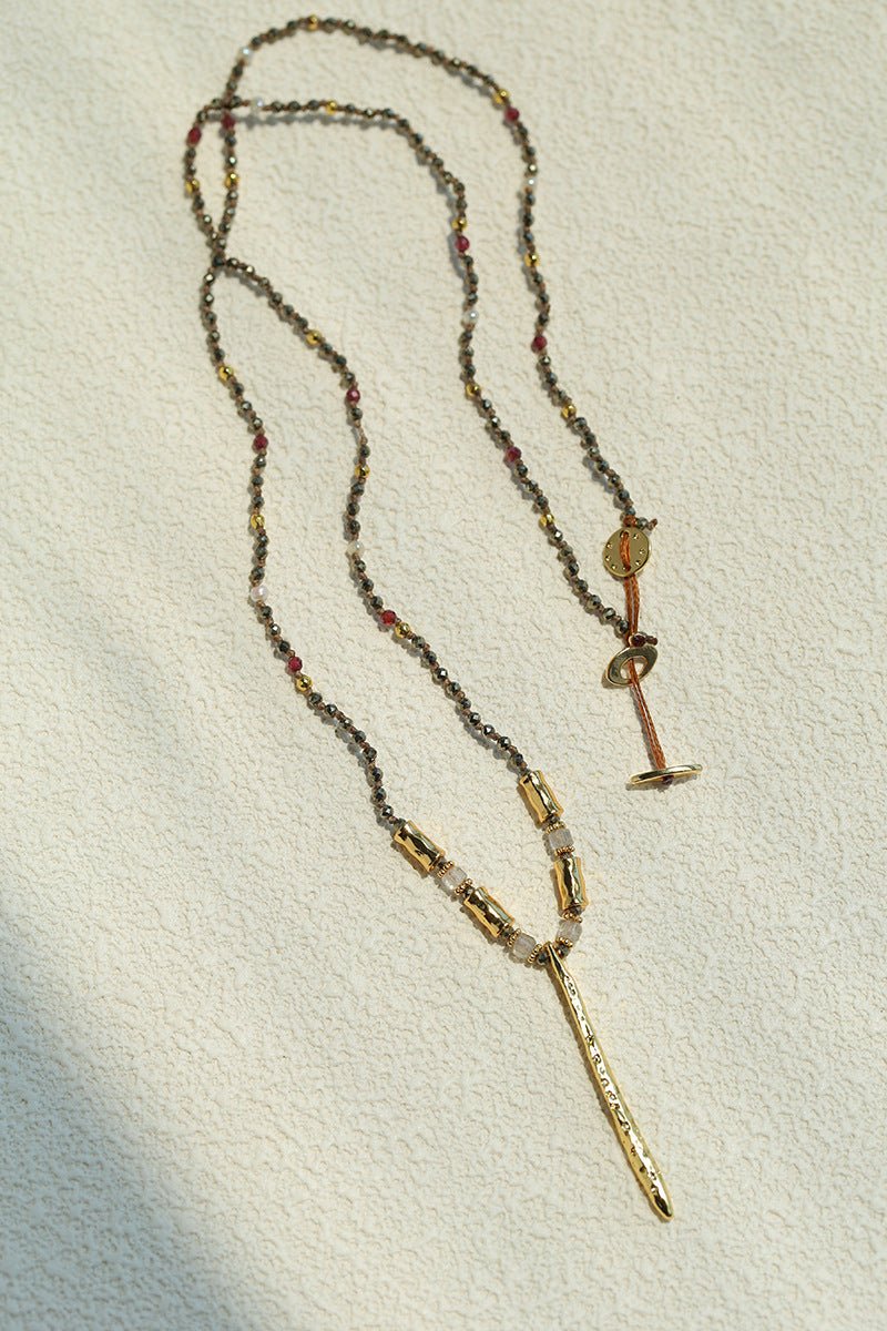 Hand‑Strung Micro‑Bead Hammered Slender Bar Pendant Necklace - floysun
