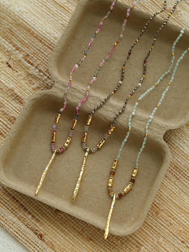 Hand‑Strung Micro‑Bead Hammered Slender Bar Pendant Necklace - floysun
