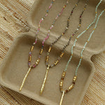 Hand‑Strung Micro‑Bead Hammered Slender Bar Pendant Necklace - floysun