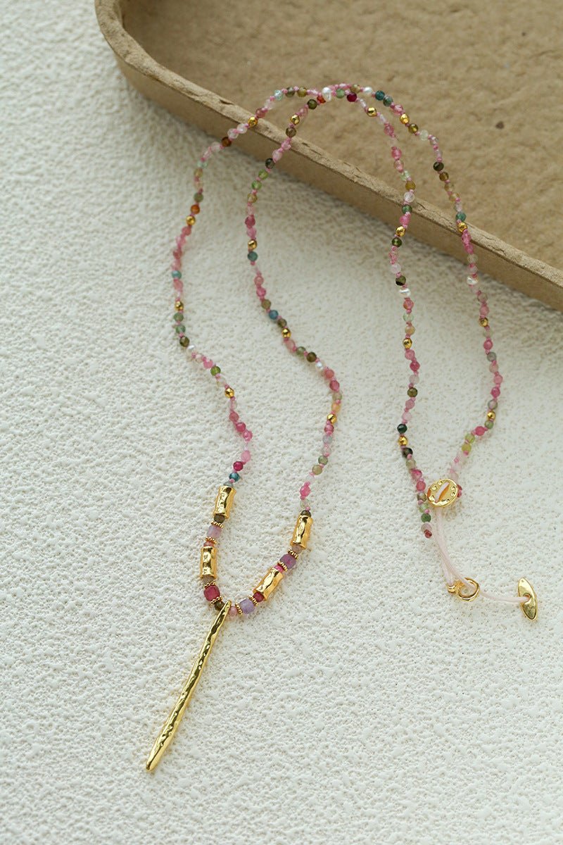 Hand‑Strung Micro‑Bead Hammered Slender Bar Pendant Necklace - floysun