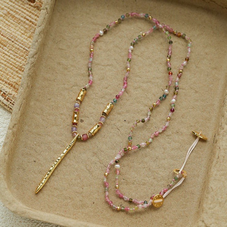 Hand‑Strung Micro‑Bead Hammered Slender Bar Pendant Necklace - floysun