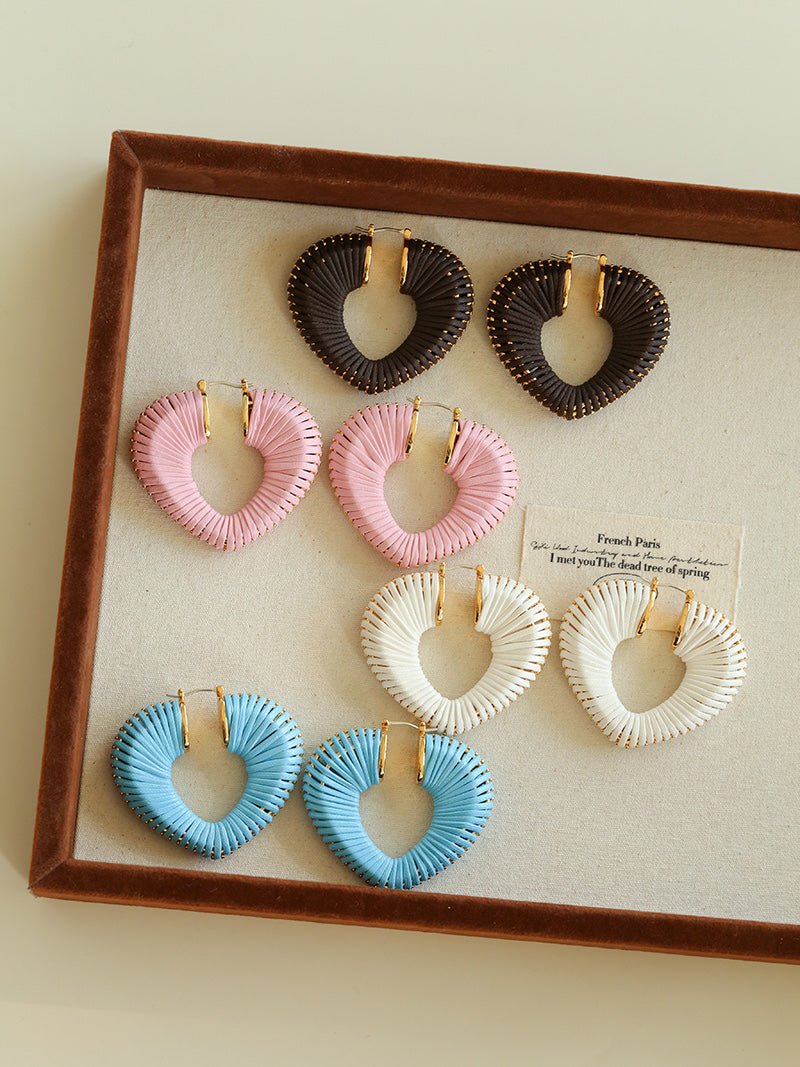 Handwoven Leather Heart Large Hoop Earrings – Multi - Color - floysun