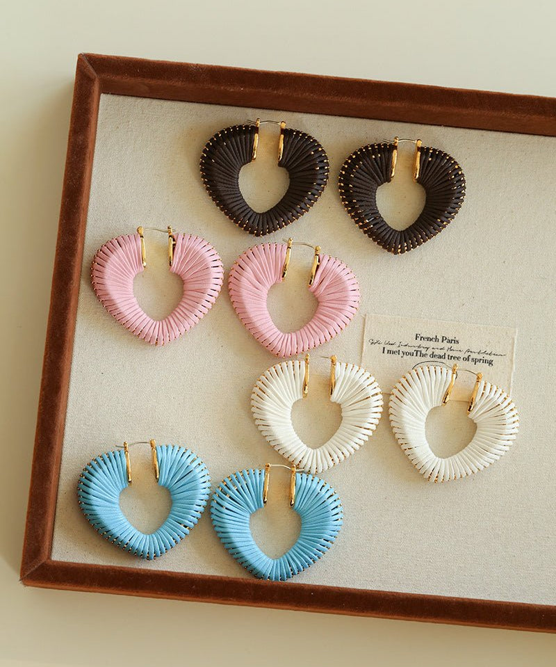 Handwoven Leather Heart Large Hoop Earrings – Multi - Color - floysun