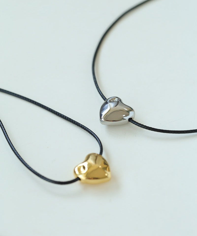 Heart - shaped Black Leather Drawstring Pendant Necklace - floysun