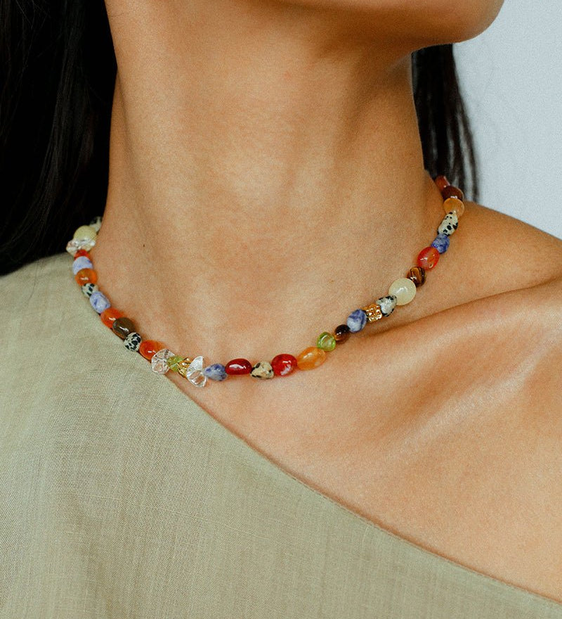 Heirloom Tomato Gemstone Necklace – Irregular Colorful Beads - floysun