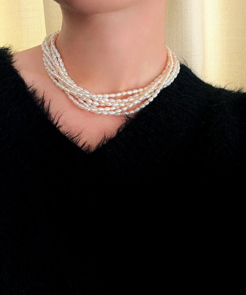Hepburn Style Multi - Layer Rice Pearl Wrap Necklace - floysun