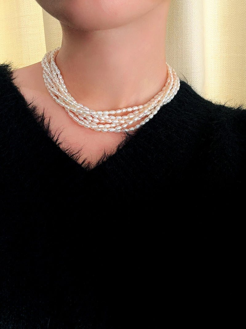 Hepburn Style Multi - Layer Rice Pearl Wrap Necklace - floysun