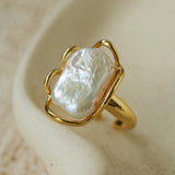 Hollow Lace Baroque Pearl Open Statement Ring - Gold - floysun