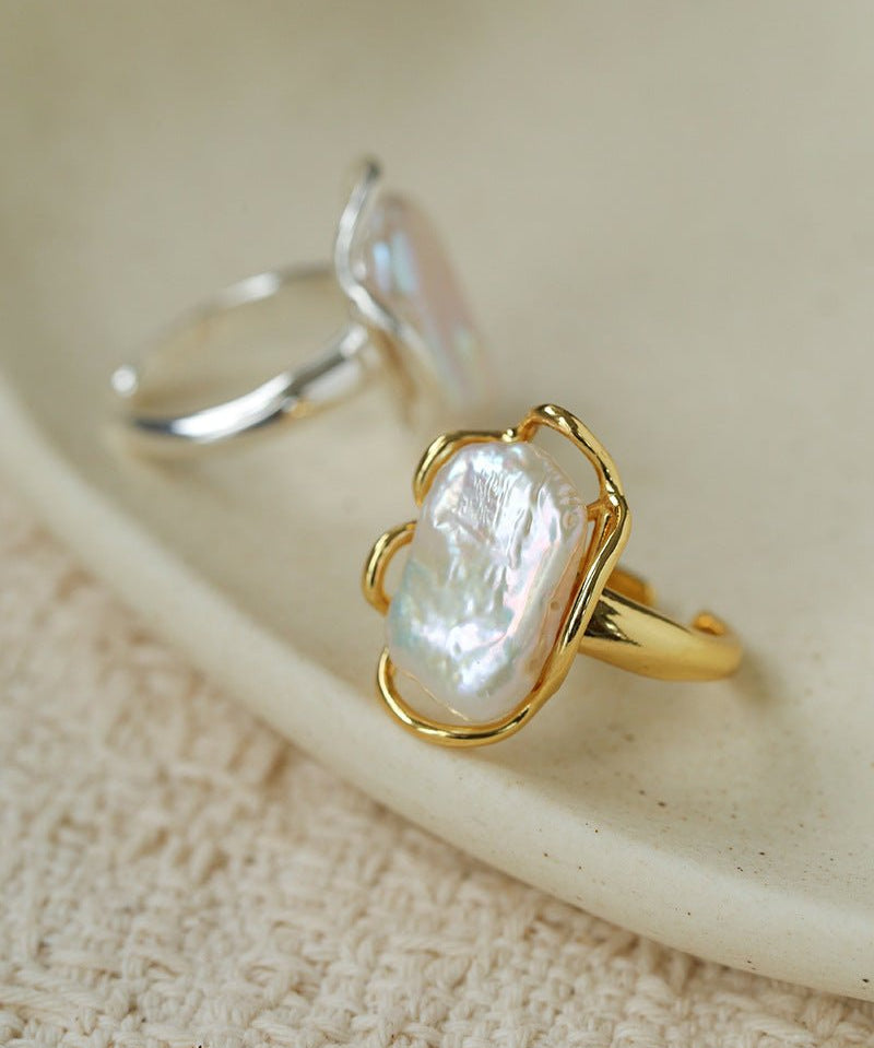 Hollow Lace Baroque Pearl Open Statement Ring - Gold - floysun