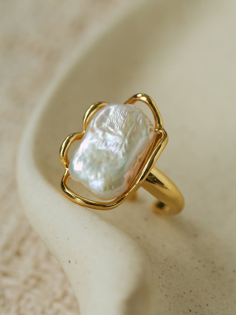 Hollow Lace Baroque Pearl Open Statement Ring - Gold - floysun
