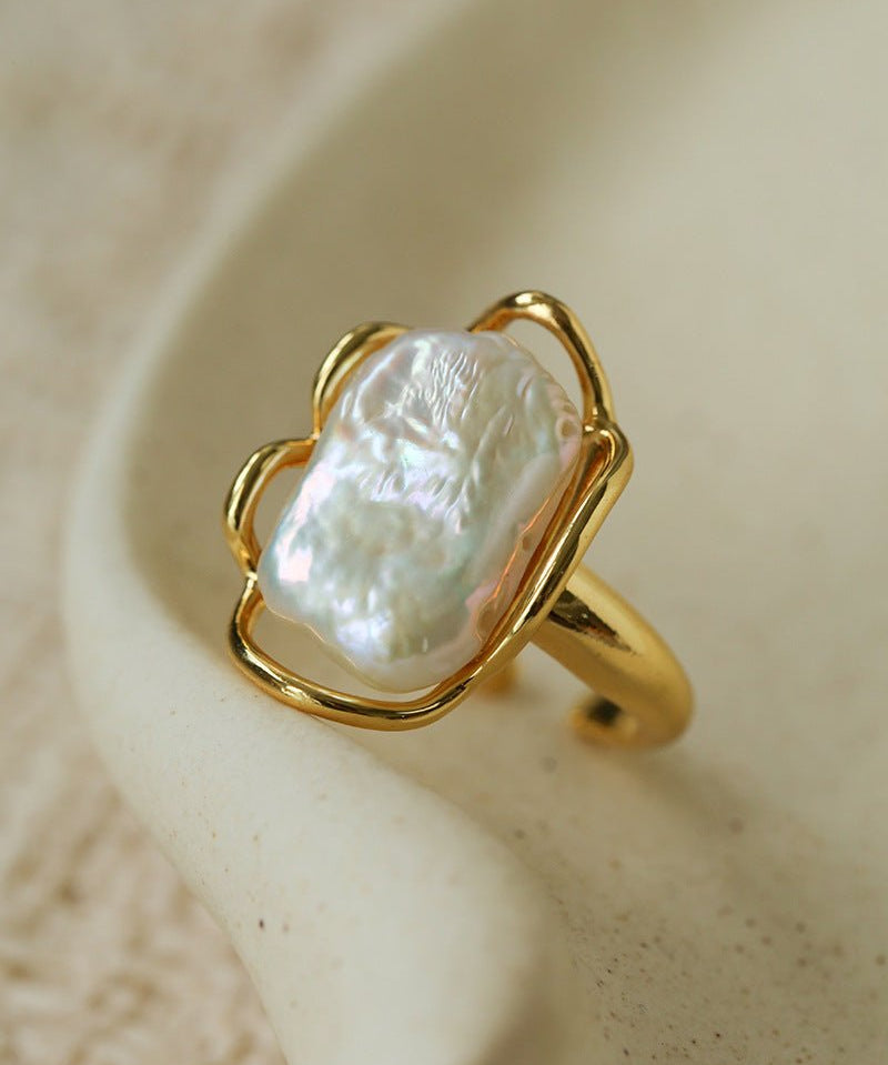 Hollow Lace Baroque Pearl Open Statement Ring - Gold - floysun