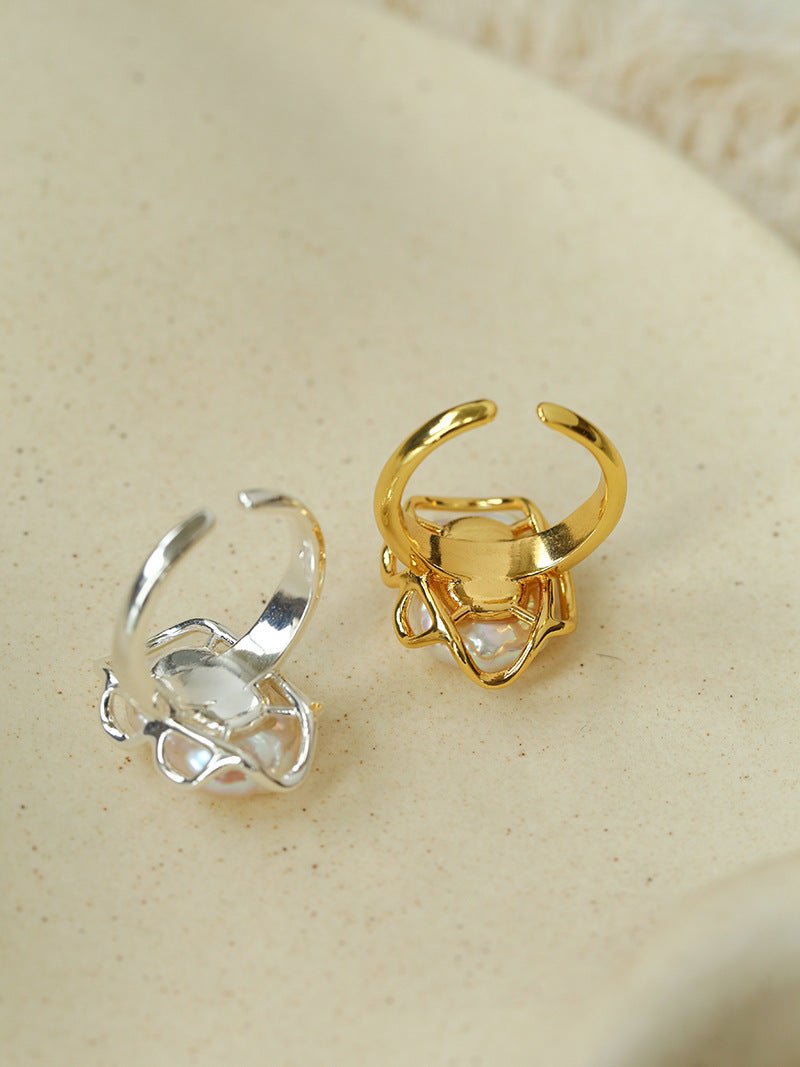 Hollow Lace Baroque Pearl Open Statement Ring - Gold - floysun