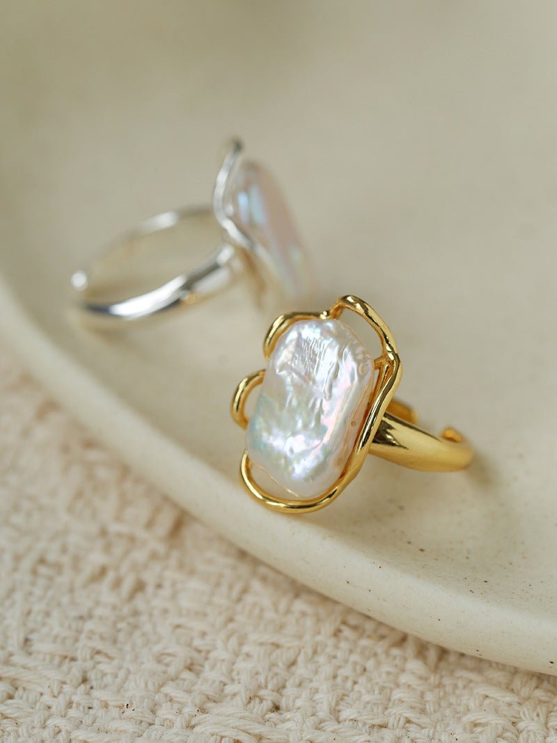 Hollow Lace Baroque Pearl Open Statement Ring - Silver - floysun