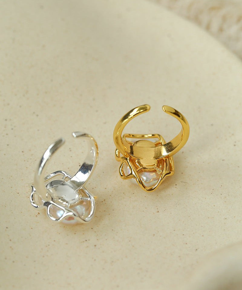 Hollow Lace Baroque Pearl Open Statement Ring - Silver - floysun