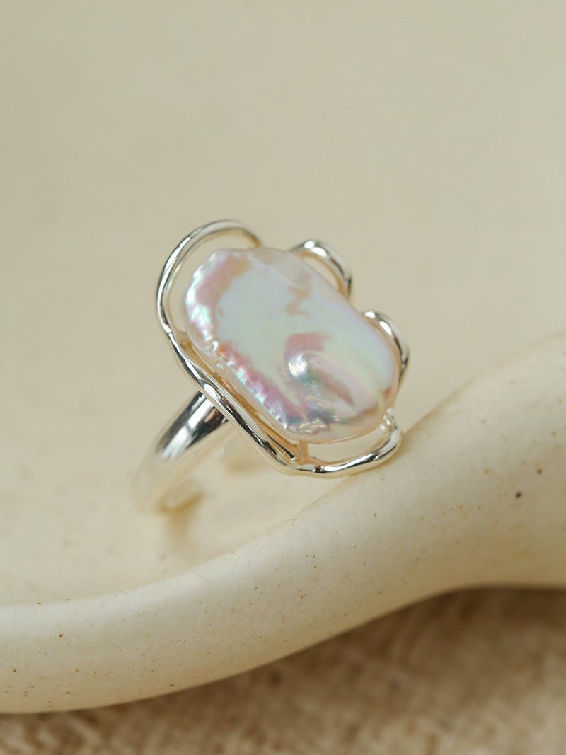 Hollow Lace Baroque Pearl Open Statement Ring - Silver - floysun