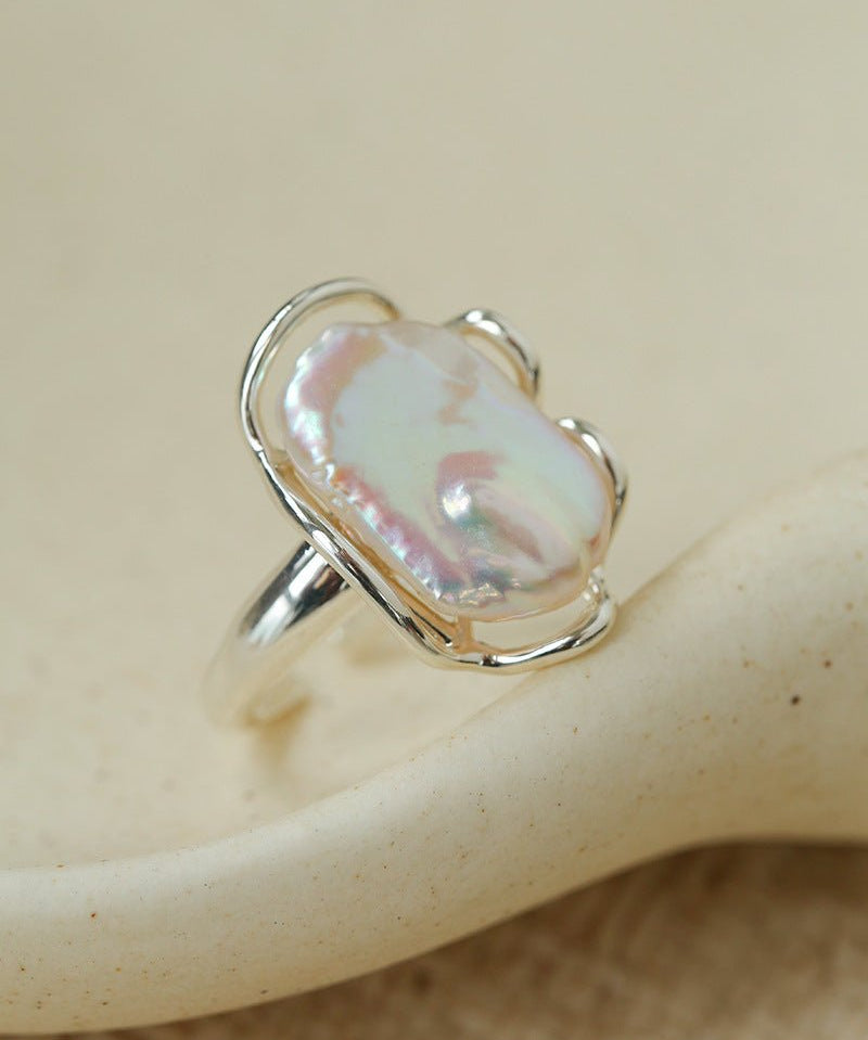 Hollow Lace Baroque Pearl Open Statement Ring - Silver - floysun