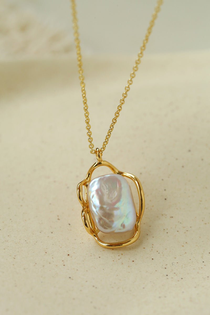 Hollow Lace Frame Baroque Pearl Pendant Necklace - Gold - floysun