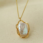 Hollow Lace Frame Baroque Pearl Pendant Necklace - Gold - floysun