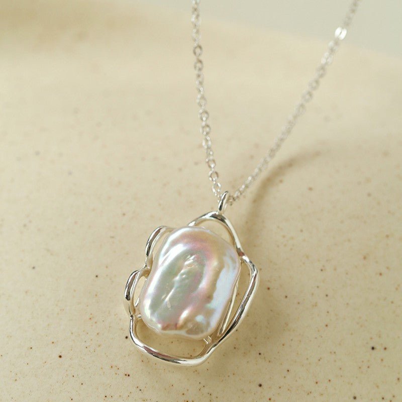 Hollow Lace Frame Baroque Pearl Pendant Necklace - Silver - floysun
