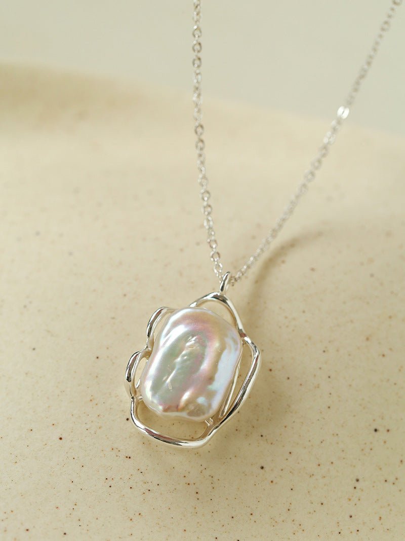 Hollow Lace Frame Baroque Pearl Pendant Necklace - Silver - floysun